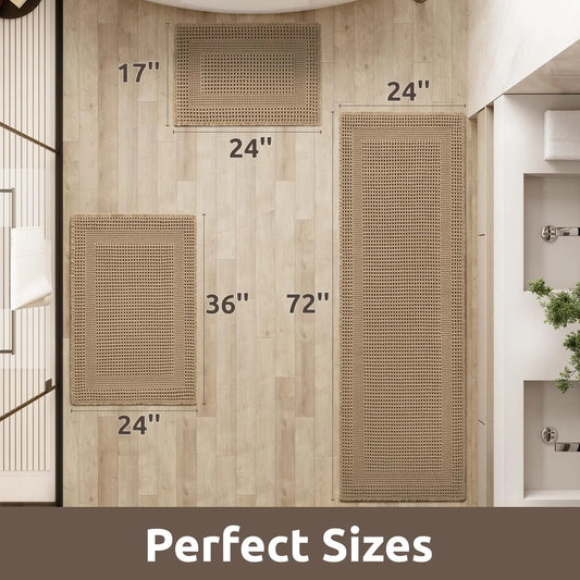 Cozy Synthetic Waffle Bath Mat - 17in x 24in Beige, Absorbent Non-Slip Modern Shower Flooring Rug, Machine Washable Ultra-Soft Boho Tasseled Bathroom Rug