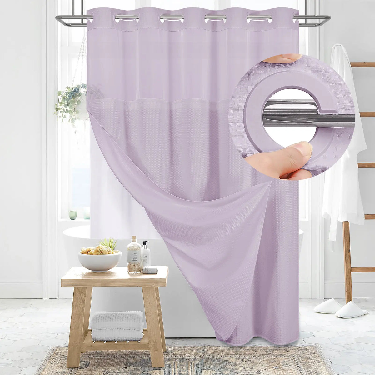 DYNAMENE Premium No-Hook Washable Waffle Weave Shower Curtain Set, Heavy-Duty Double Layer with Snap-In Detachable Waterproof Liner & Mesh Window, Contemporary Matte Finish Bathroom Accessory for Hotel-Inspired Bathroom Look
