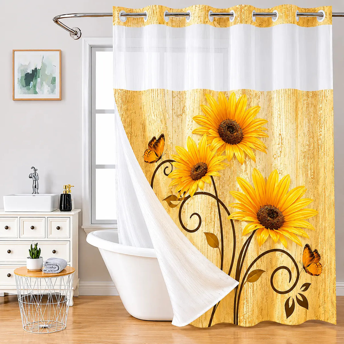 Cyan No Hooks Double-layer Shower Curtain, Daisy Printed Waterproof Fabric, Retro Country Style Home Decoration, Hotel, Dormitory and Bathroom Accessories, 72x75in