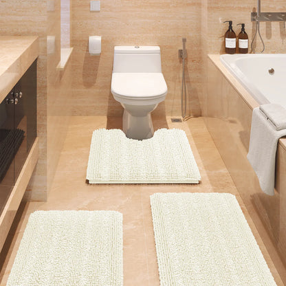 ACCUMTEK Striped Bathroom Rug Set Ultra Soft, Non Slip Chenille Toilet Mat, Absorbent Plush Shaggy Bath Mats for Bathroom, Bedroom, Kitchen
