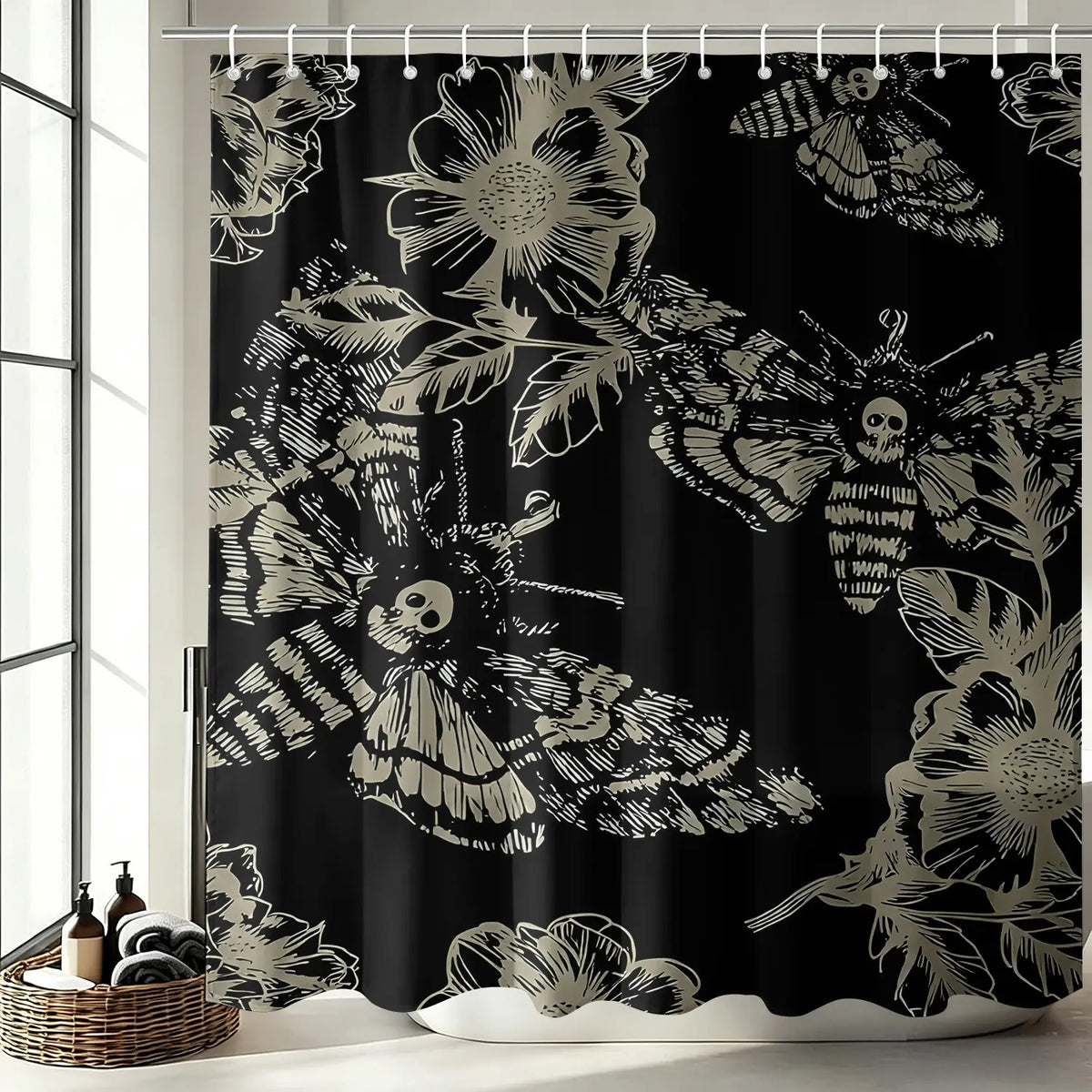 1PC Gothic Skull Moth Flower Decorative Shower Curtain, Bathroom Shower Curtains, Waterproof Dark Goth Art Bath Curtain with Hooks, Easy Install & Maintain, Mysterious Dark Bathroom Decor