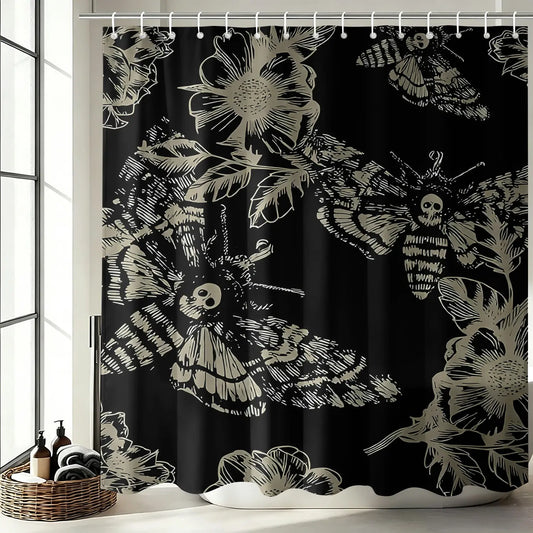 1PC Gothic Skull Moth Flower Decorative Shower Curtain, Bathroom Shower Curtains, Waterproof Dark Goth Art Bath Curtain with Hooks, Easy Install & Maintain, Mysterious Dark Bathroom Decor