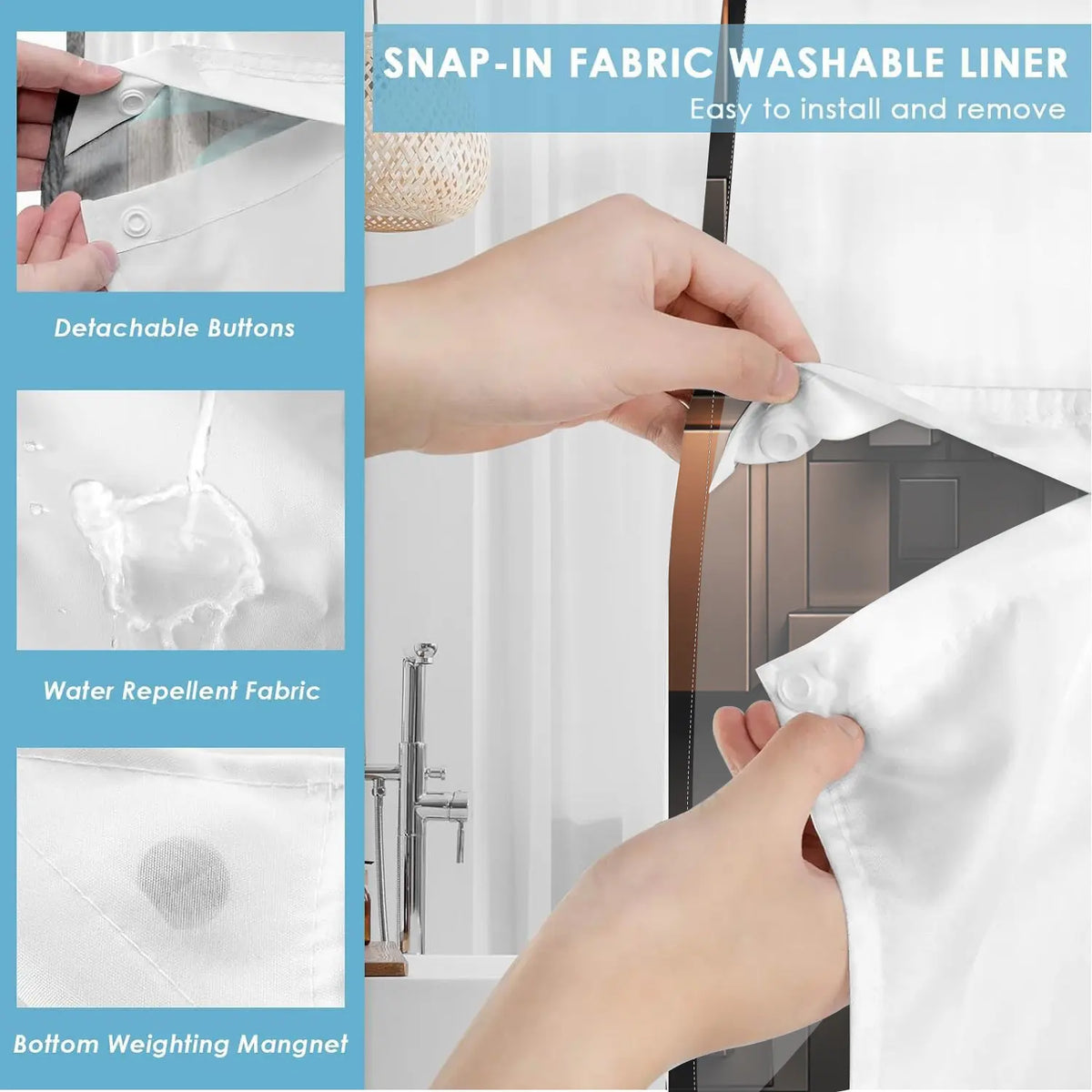 1Pc Hookless Double Layer Shower Curtain, With Removable Snap-in Liner, Black Brown 3D Geometric Block Print, Modern Luxury Bathroom Decor Curtain, Water Repellent Washable Fabric, with Top See-Through Window