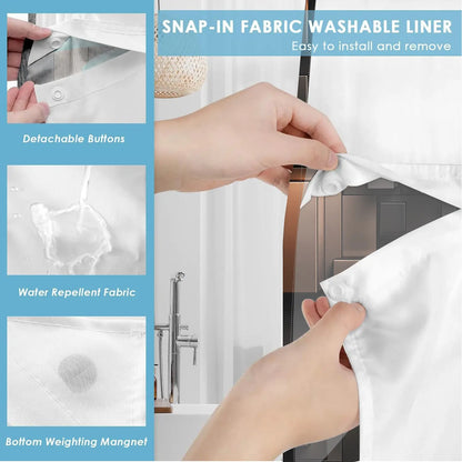 1Pc Hookless Double Layer Shower Curtain, With Removable Snap-in Liner, Black Brown 3D Geometric Block Print, Modern Luxury Bathroom Decor Curtain, Water Repellent Washable Fabric, with Top See-Through Window
