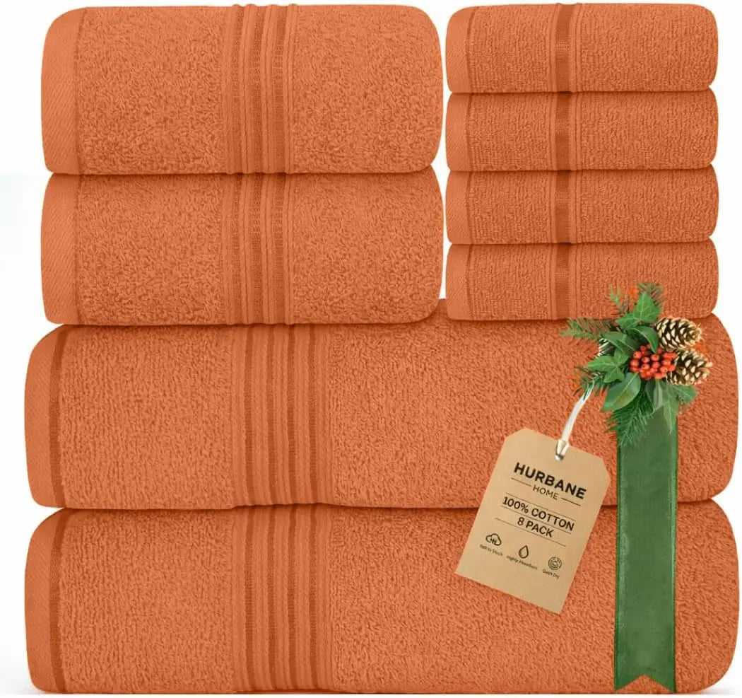 Hurbane Home Unisex Plain 8-Count 100% Pure Cotton Set - 2 Bath Towels, 2 Hand Towels, 4 Washcloths, Super Soft, Water Absorbent, Pouch Pack for Bathroom Home Use