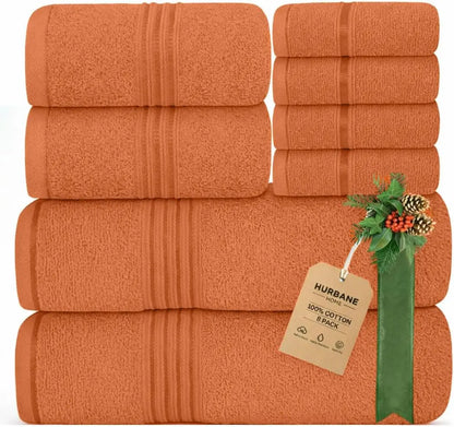 Hurbane Home Unisex Plain 8-Count 100% Pure Cotton Set - 2 Bath Towels, 2 Hand Towels, 4 Washcloths, Super Soft, Water Absorbent, Pouch Pack for Bathroom Home Use