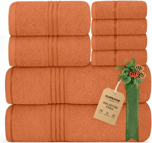 Hurbane Home Unisex Plain 8-Count 100% Pure Cotton Set - 2 Bath Towels, 2 Hand Towels, 4 Washcloths, Super Soft, Water Absorbent, Pouch Pack for Bathroom Home Use