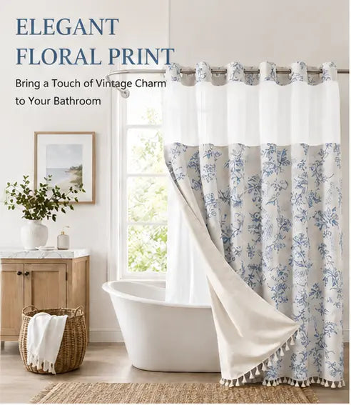 Dakimoe No-Hook Floral Faux Cotton Linen Shower Curtain with Snap-in Fabric Liner Set, Tassels & Sheer Window, Washable Waterproof, Ideal for Bathroom Luxury Decor, 71Wx74H