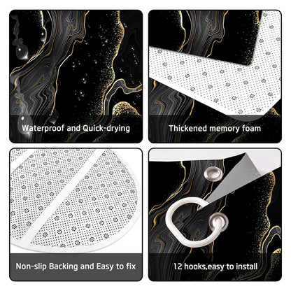72"x72" Black Marble Polyester Shower Curtain 4-Piece Set - Glam, Water-Resistant, Gold Accents, Rugs, Toilet Lid Cover, Geometric Modern Bathroom Decor, Shower Curtains & Decoration Accessories