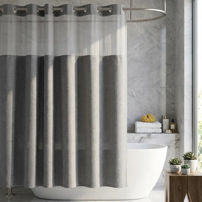 72x75 in Solid Double-Layer Fabric Shower Curtain Set - Waterproof Straight Waffle Weave, Snap-in Liner, Top Sheer Window, Adjustable Rod Compatible, Non-Slip, Modern Dark Grey, Water-Draining Home Bathroom Accessory, Shower Curtains