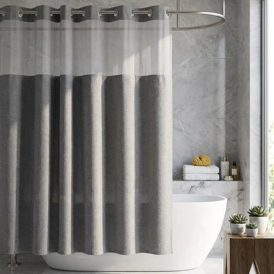 72x75 in Solid Double-Layer Fabric Shower Curtain Set - Waterproof Straight Waffle Weave, Snap-in Liner, Top Sheer Window, Adjustable Rod Compatible, Non-Slip, Modern Dark Grey, Water-Draining Home Bathroom Accessory, Shower Curtains