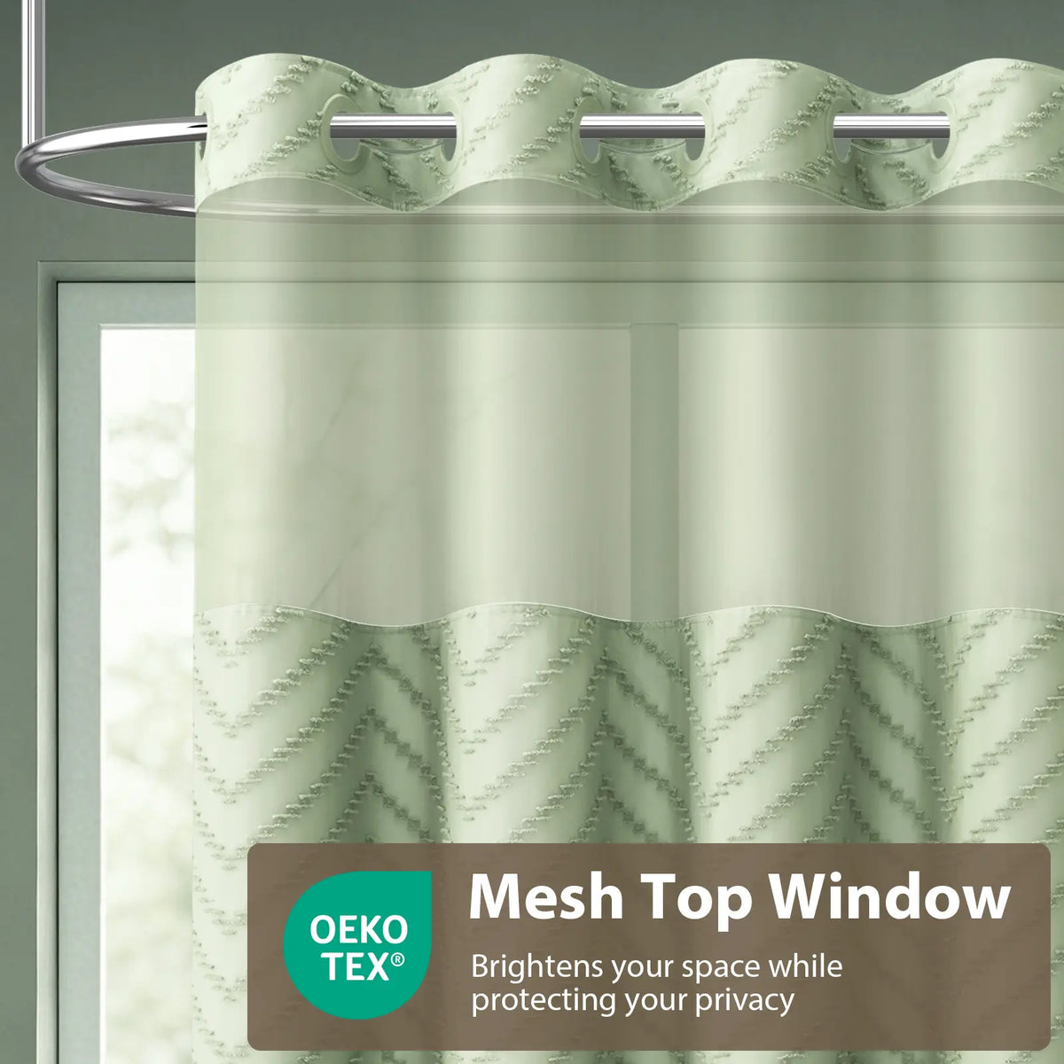 DYNAMENE 3-in-1 Hook-Free Boho Tufted Chevron Striped Shower Curtain Set, Snap-In Magnetic Waterproof Liner, Modern Textured Design, Sheer Light View Window - Hook-Free Setup Saves Bathroom Time, Waterproof Liner Helps Keep Walls Dry