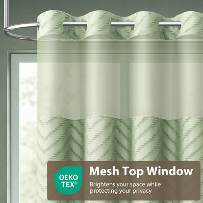 DYNAMENE 3-in-1 Hook-Free Boho Tufted Chevron Striped Shower Curtain Set, Snap-In Magnetic Waterproof Liner, Modern Textured Design, Sheer Light View Window - Hook-Free Setup Saves Bathroom Time, Waterproof Liner Helps Keep Walls Dry