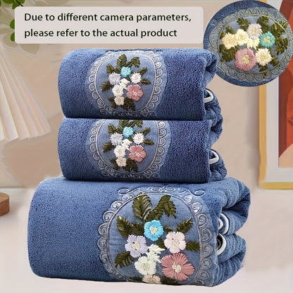3pcs Embroidered Flower Towel Set, 2 Towels and 1 Bath Towel, Soft Absorbent Household Bath Towel, Bathroom Bath Towel, Face Towel, Towel, Soft and Skin-friendly Suitable for Home Use, Bathing, Seaside Bath Towel.