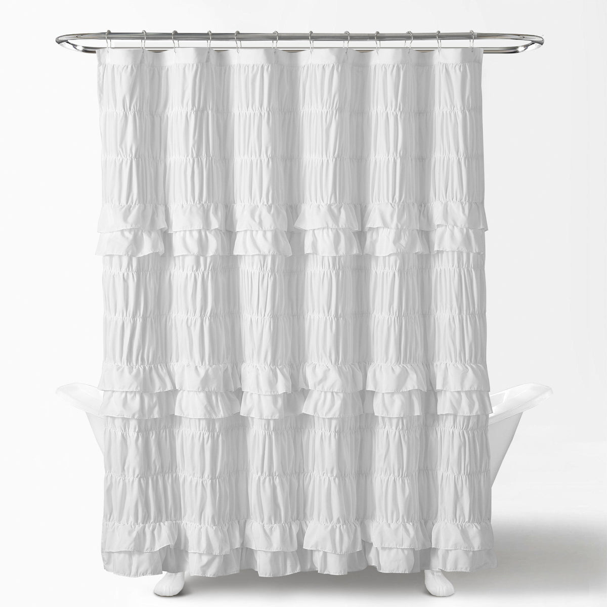 Ruffled Smocked Shower Curtain 72x72 Inch Farmhouse Shabby Chic Bathroom Decor Waterproof Fabric with Tiered Ruffles and Elastic Stretch