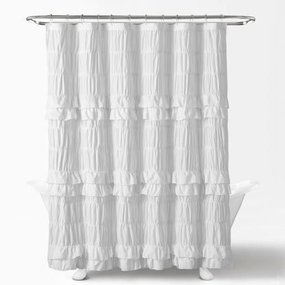 Ruffled Smocked Shower Curtain 72x72 Inch Farmhouse Shabby Chic Bathroom Decor Waterproof Fabric with Tiered Ruffles and Elastic Stretch