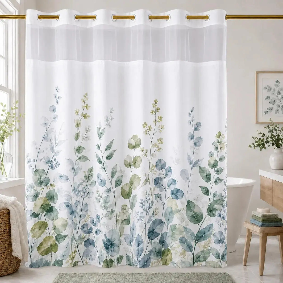 Hookless Shower Curtain Set with Snap-in Liner, Pink Double Layer Floral Botanical Design, Sheer Top Window, 72x75 Inch Waterproof Washable Bathroom Curtain,