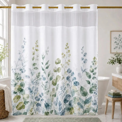 Hookless Shower Curtain Set with Snap-in Liner, Pink Double Layer Floral Botanical Design, Sheer Top Window, 72x75 Inch Waterproof Washable Bathroom Curtain,