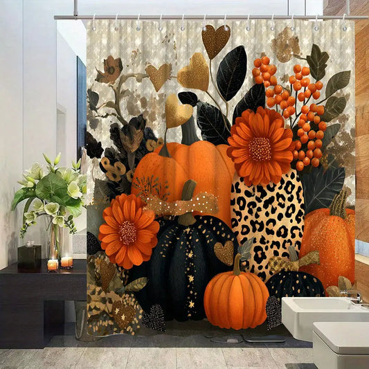 72x72in Rustic Geometric Pumpkin-Leaf-Berry & Star Printed Autumn Harvest Shower Curtain with 12 Hooks, Orange-Black-Golden Fall Colors, Machine Washable, Farmhouse Bathroom Window Drapes for Thanksgiving Decor, 72*72In