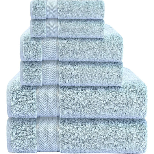 6 Piece Cotton Bath Towel Set-2 Bath - 2 Hand - 2 Face, Sky Blue | 100% Cotton • Thick & Plush • Hotel Quality • Ultra Soft • Highly Absorbent • Quick Dry • Low Lint • Machine Washable