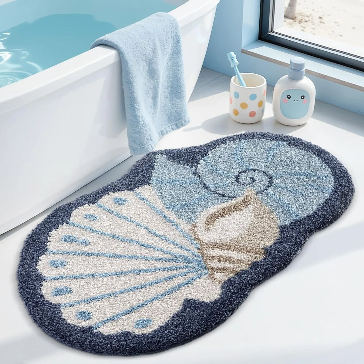 LUMI Thick Ocean Shell Beach Bathroom Rug, Non-Slip Ultra Soft Washable Absorbent Quick Dry Microfiber Mat, 20"x35" for Shower Floor, Bathroom Decor