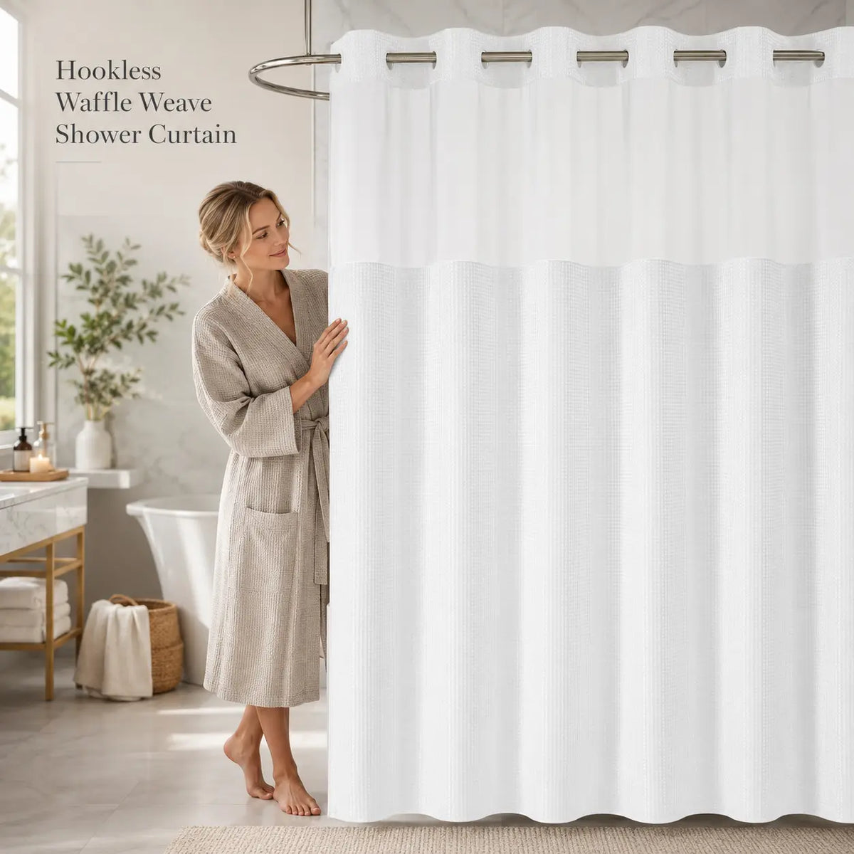 Hookless Waffle-Weave Shower Curtain Set, 72x75 in, with Washable White Fabric Liner (Snap Closures, Mesh Top), Waterproof Hotel-Style Bathroom Accessory for Home/Salon, Home Decor Supplies, Shower Curtains, Hookless Shower Curtain