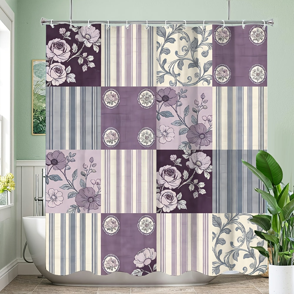 1pc Patchwork Shower Curtain with 16 Square Patches - Floral Plaid And Striped Designs, Durable Polyester Fabric, Machine Washable, 70.8X70.8 Inch Bathroom Decor with 12 Hooks, Shower Curtain for Bathrooms, Easy Maintenance, Home Decoration, Modern