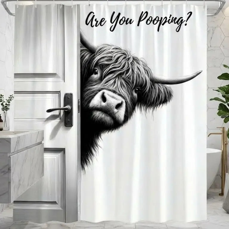 Funny Highland Cow Bathroom Decor Are You Pooping Whimsical Style Stainless Waterproof Shower Curtain for Humorous Home and Gifts Waterproof Fabric Twelve Hook Easy Installation