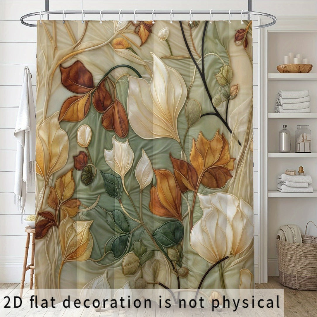 2D Flat, 2D Flat, 2D Flat Shower Curtain 1pc, Artistic Leaf Print Shower Curtain with Hooks - Yellow-Green Brown Plant Pattern, Durable Polyester Fabric, Machine Washable, Multi-Size for Bathtub And Bathroom Decor, All-Season Home Decor
