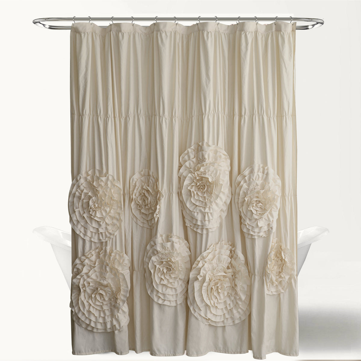 Farmhouse Ruffle Shower Curtain with Handmade 3D Flowers, Vintage Ruched Fabric Shower Curtains for Bathroom, Festive Luxury Bathroom Curtain with 12 Holes, White, 72" x 72