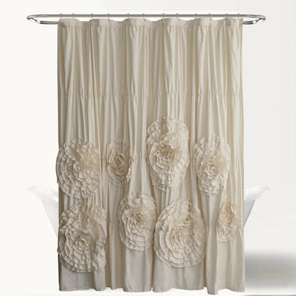 Farmhouse Ruffle Shower Curtain with Handmade 3D Flowers, Vintage Ruched Fabric Shower Curtains for Bathroom, Festive Luxury Bathroom Curtain with 12 Holes, White, 72" x 72
