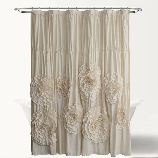 Farmhouse Ruffle Shower Curtain with Handmade 3D Flowers, Vintage Ruched Fabric Shower Curtains for Bathroom, Festive Luxury Bathroom Curtain with 12 Holes, White, 72" x 72