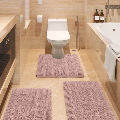 ACCUMTEK Striped Bathroom Rug Set Ultra Soft, Non Slip Chenille Toilet Mat, Absorbent Plush Shaggy Bath Mats for Bathroom, Bedroom, Kitchen