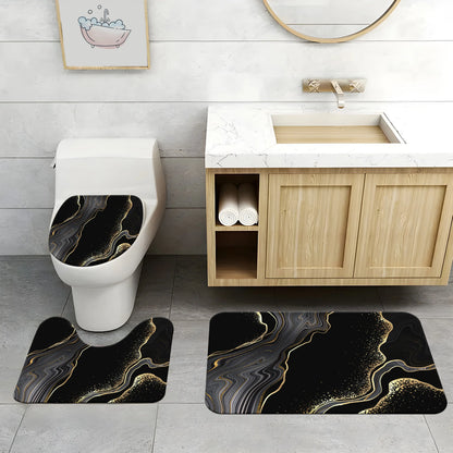 72"x72" Black Marble Polyester Shower Curtain 4-Piece Set - Glam, Water-Resistant, Gold Accents, Rugs, Toilet Lid Cover, Geometric Modern Bathroom Decor, Shower Curtains & Decoration Accessories