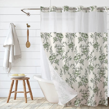 Peony Print Linen Shower Curtain, Sheer Splice Linen Fabric, Waterproof Double Layer Mildew Resistant No Drill Bath Curtain for Home & Homestay 72''*75''inch