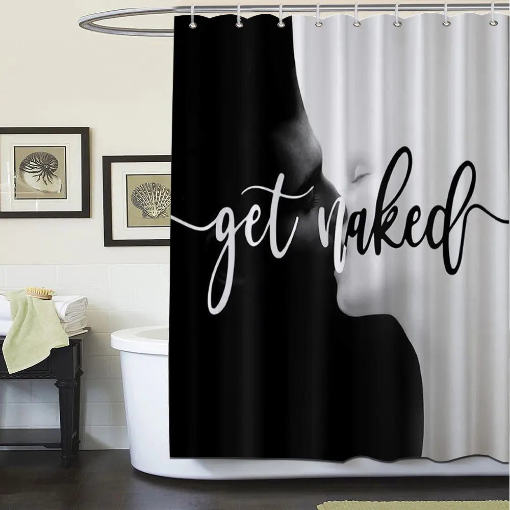 4pcs Leopard Print "Get Naked" Shower Curtain Set, Black Background Sassy Quote,  The floor mat fabric is thicker and softer! Bold Trendy Bathroom Decor And Accessories, Curtain & Rugs Combo, Perfect for Festive Glam Vibe