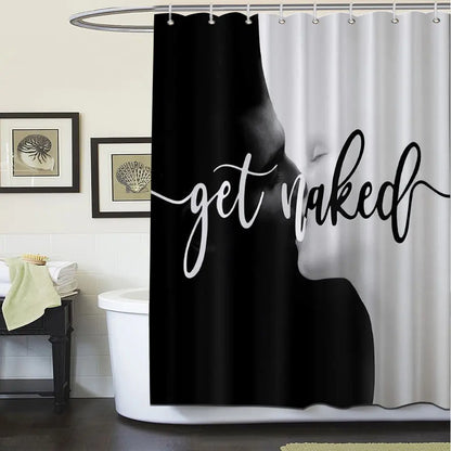 4pcs Leopard Print "Get Naked" Shower Curtain Set, Black Background Sassy Quote,  The floor mat fabric is thicker and softer! Bold Trendy Bathroom Decor And Accessories, Curtain & Rugs Combo, Perfect for Festive Glam Vibe