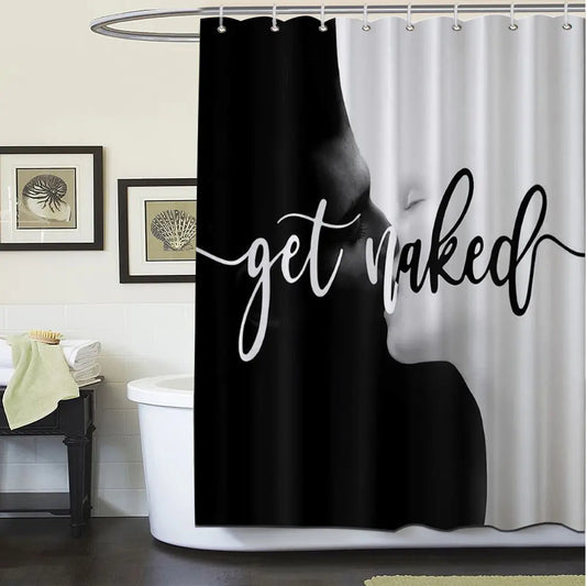 4pcs Leopard Print "Get Naked" Shower Curtain Set, Black Background Sassy Quote,  The floor mat fabric is thicker and softer! Bold Trendy Bathroom Decor And Accessories, Curtain & Rugs Combo, Perfect for Festive Glam Vibe