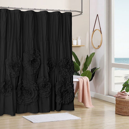 Farmhouse Ruffle Shower Curtain with Handmade 3D Flowers, Vintage Ruched Fabric Shower Curtains for Bathroom, Festive Luxury Bathroom Curtain with 12 Holes, White, 72" x 72