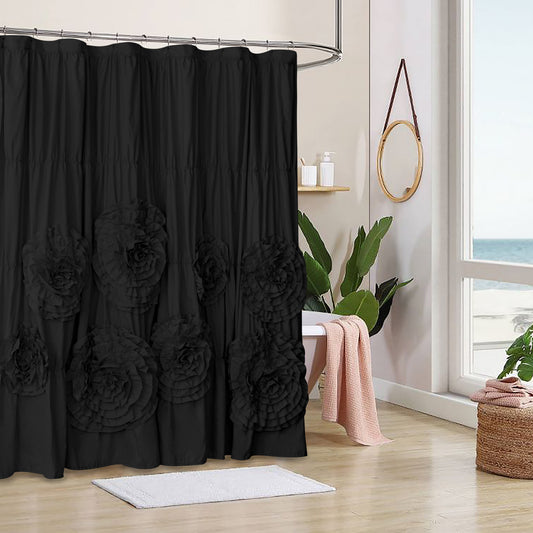Farmhouse Ruffle Shower Curtain with Handmade 3D Flowers, Vintage Ruched Fabric Shower Curtains for Bathroom, Festive Luxury Bathroom Curtain with 12 Holes, White, 72" x 72