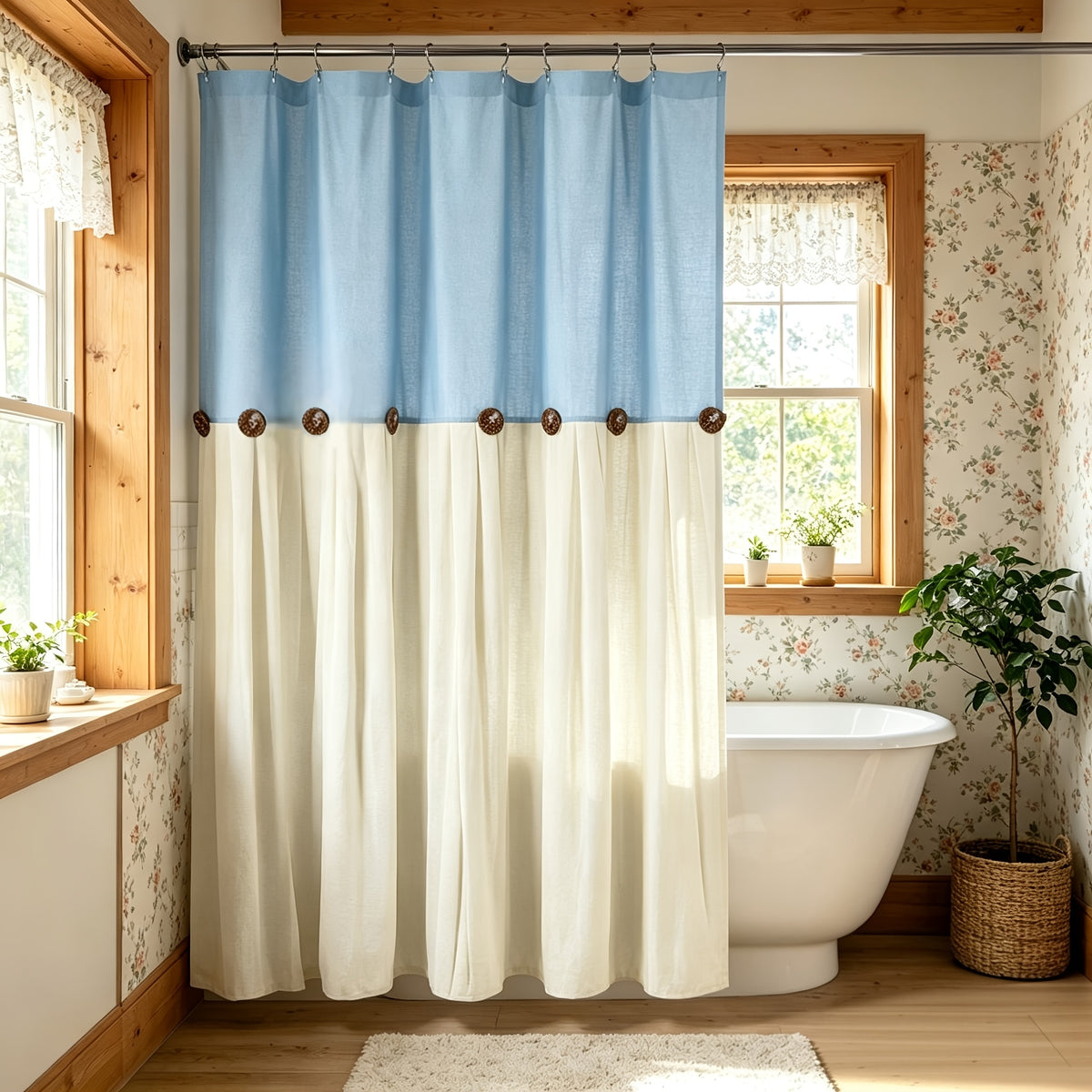 1pc Hand-Pleated Patchwork Shower Curtain with Buttons, 72 X 72 Inches, Door Curtain