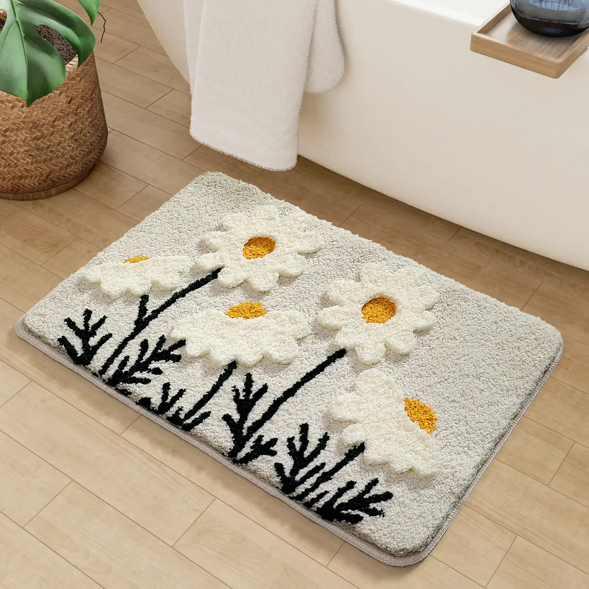 LUMI Bathroom Rugs Cute Daisy, Soft Absorbent Square Bath Mat Non-Slip, Machine Washable Quick Dry White Grey Luxury Rug Flower for Kids Room, Bathtub, Home Decor