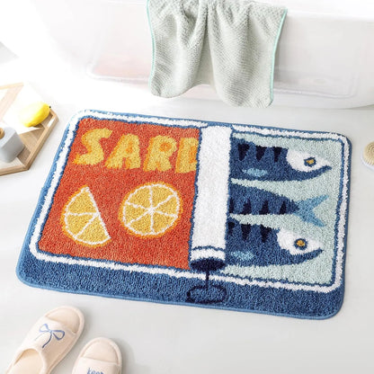 Oval Shape Decorative Bath Mat - Blue Synthetic Modern, Absorbent Soft, Non-Slip Rubber Backed Bathroom Mat, Machine Washable Cartoon Fish & Lemon Design Home Bathroom Supply