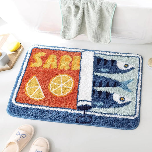 Oval Shape Decorative Bath Mat - Blue Synthetic Modern, Absorbent Soft, Non-Slip Rubber Backed Bathroom Mat, Machine Washable Cartoon Fish & Lemon Design Home Bathroom Supply