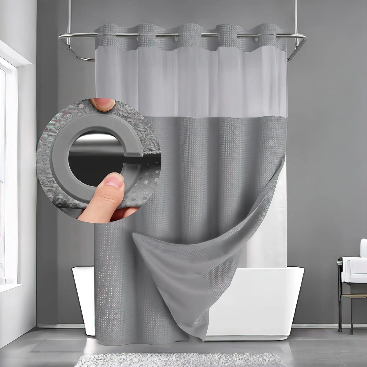Hookless Shower Curtain and Liner Set - Snap-In Hooks, Plastic Fast-Dry Fabric, Waffle Pattern, Waterproof, Mildew-Blocking, Modern Aesthetic Home Bathroom Accessory