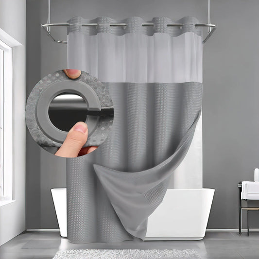 Hookless Shower Curtain and Liner Set - Snap-In Hooks, Plastic Fast-Dry Fabric, Waffle Pattern, Waterproof, Mildew-Blocking, Modern Aesthetic Home Bathroom Accessory