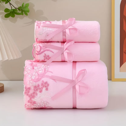 Set of 3 Lace-Embroidered Towels, Including 2 Soft Microfiber Towels And 1 Bath Towel, Perfect for Bathroom Use And Highly Absorbent