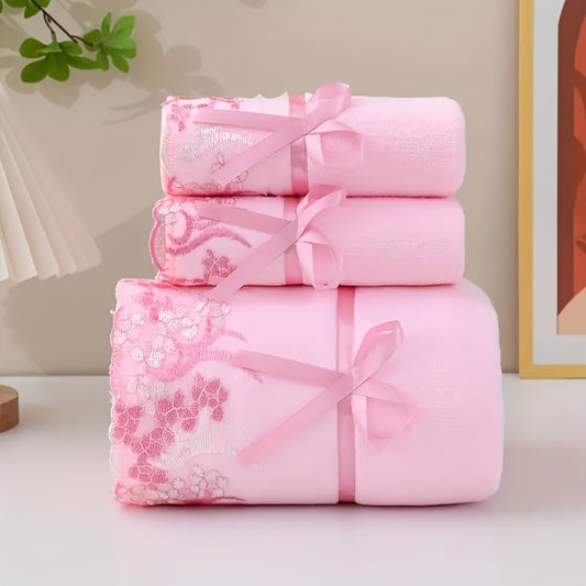 Set of 3 Lace-Embroidered Towels, Including 2 Soft Microfiber Towels And 1 Bath Towel, Perfect for Bathroom Use And Highly Absorbent
