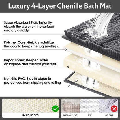 ACCUMTEK 3-Piece Soft Striped Rectangle Chenille Fiber Bathroom Rug Set - Non-Slip, Absorbent, Keeps Floors Dry Plush Shaggy Bath Mats for Bathroom Decor, Home Interior, High Pile