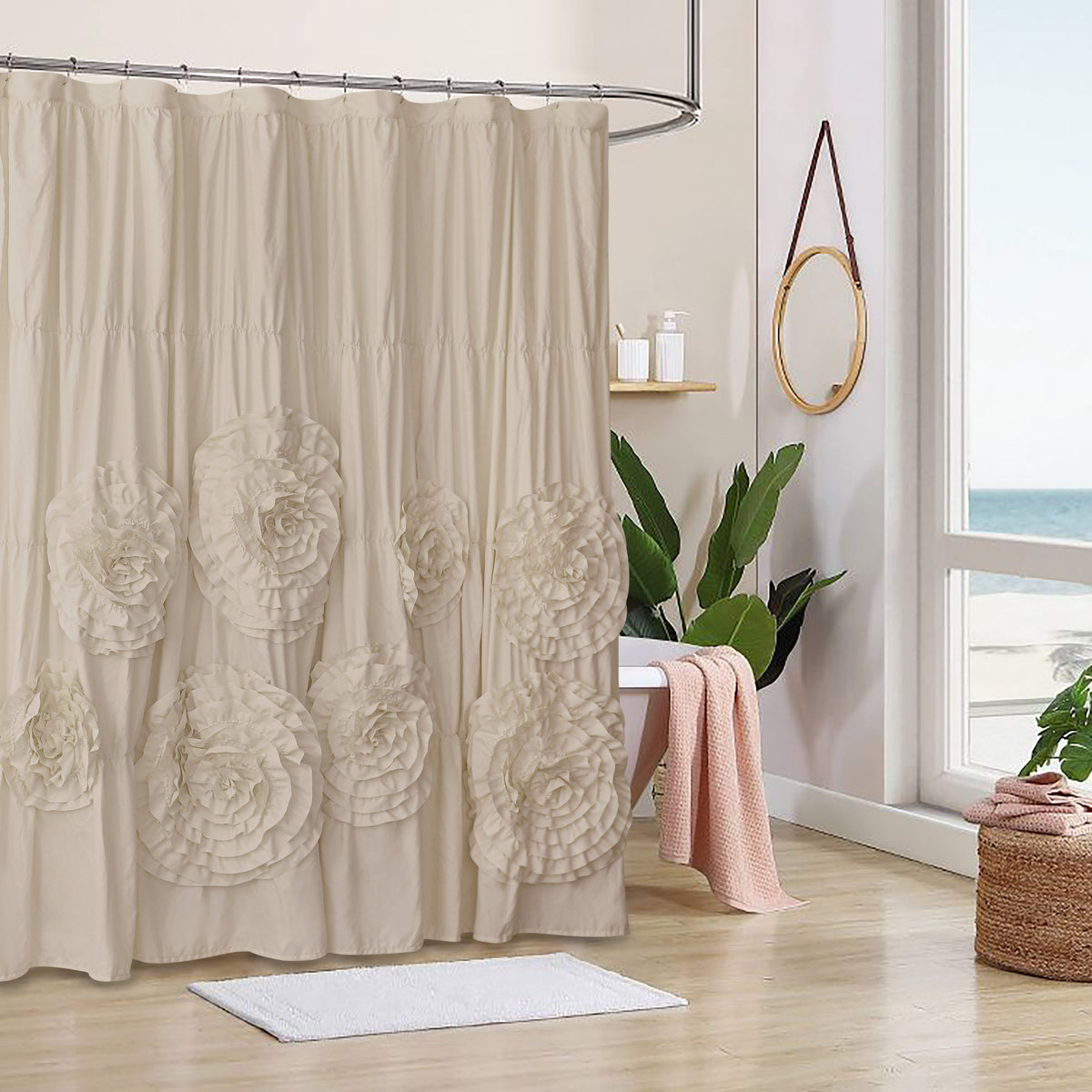 Farmhouse Ruffle Shower Curtain with Handmade 3D Flowers, Vintage Ruched Fabric Shower Curtains for Bathroom, Festive Luxury Bathroom Curtain with 12 Holes, White, 72" x 72